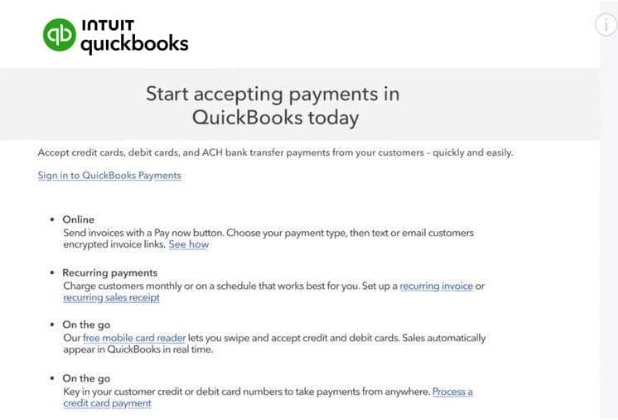 Screenshot of an Intuit QuickBooks webpage detailing options for accepting payments through QuickBooks, including online, recurring, and on-the-go methods. Includes a sign-in link and additional resources for seamless transactions.