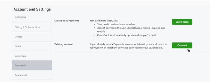 The QuickBooks Payments setup page provides seamless options for accepting payments through QuickBooks. With clearly marked "Learn more" and "Connect" buttons, users can easily start processing transactions efficiently.
