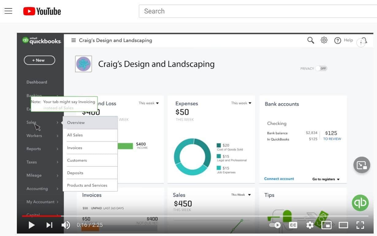 The YouTube video screenshot showcases a QuickBooks interface, highlighting financial data like profit and loss, expenses, and bank accounts. With the sales menu expanded, it demonstrates accepting payments through QuickBooks for seamless transactions.