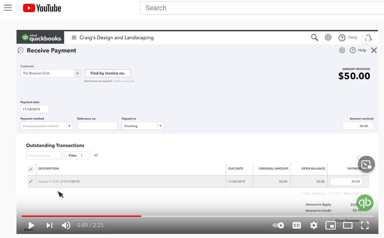 Screenshot of a YouTube tutorial on accepting payments through QuickBooks, featuring an example transaction and payment details for Craig's Design and Landscaping.