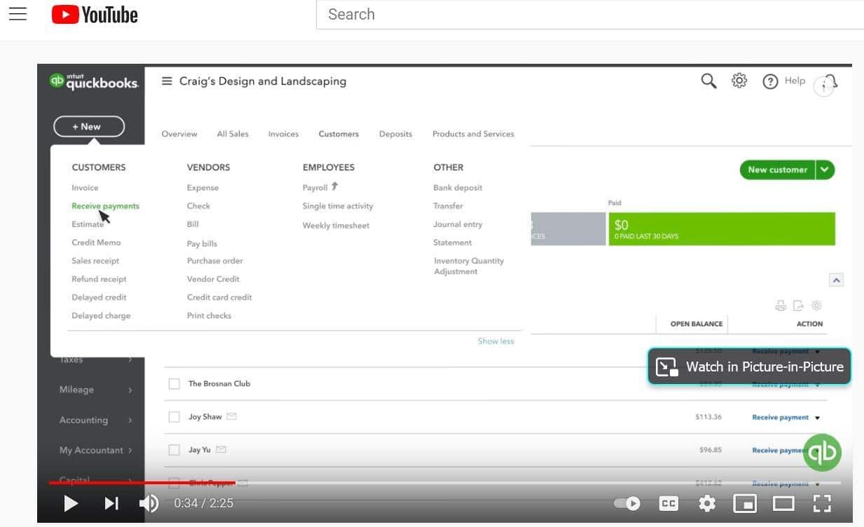 Screenshot of a YouTube video about QuickBooks, showcasing a dashboard for managing invoices, accepting payments through QuickBooks, and vendors. The video features a play bar with a 2:25 duration and includes a Picture-in-Picture option.