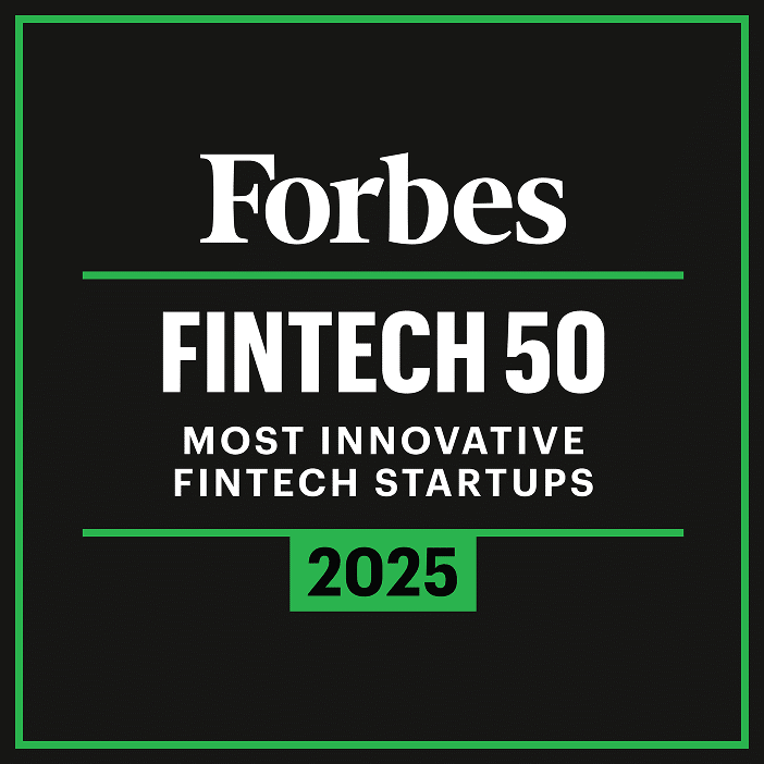 Forbes Fintech 50 2025 logo, showcasing "Most Innovative Fintech Startups" awards, set against a sleek black background with eye-catching green accents.