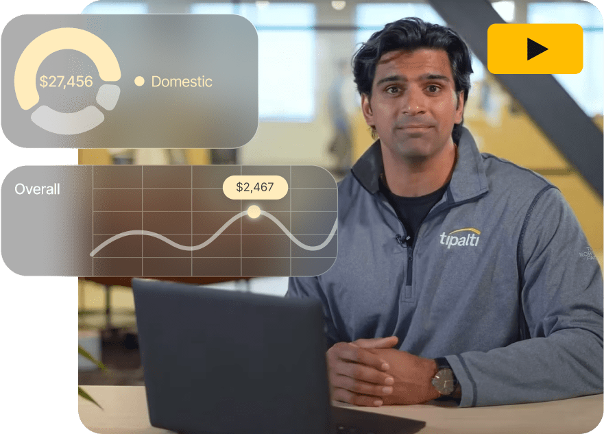 A person sits at a desk with a laptop, wearing a "tipalti" logo shirt. Two graphics overlay show financial data: $27,456 Domestic and $2,467 Overall with a line graph—effortlessly highlighting the power of AP automation in optimizing financial workflows.