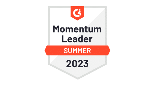 Badge displaying "G2 Momentum Leader Summer 2023" with a shield design and red accent.