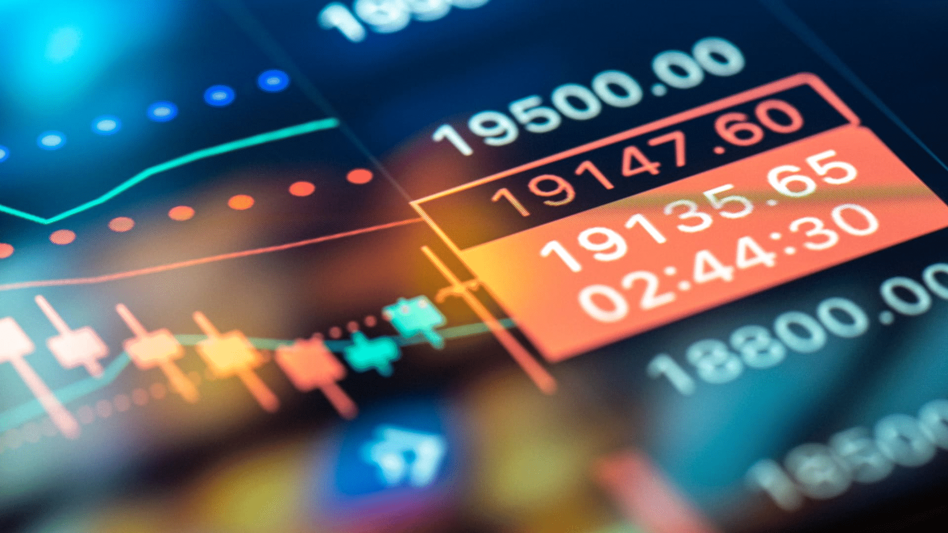 Close-up of a financial trading screen displaying stock market data, with various figures and charts in red, green, and blue colors.