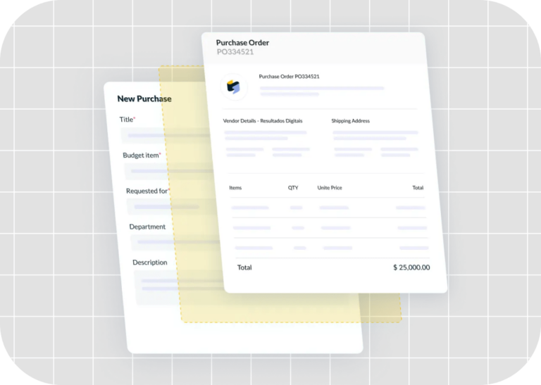 A grid background showcases overlapping digital forms titled "New Purchase" and "Purchase Order," seamlessly integrating PO management features with purchase details and an amount of $25,000.00.