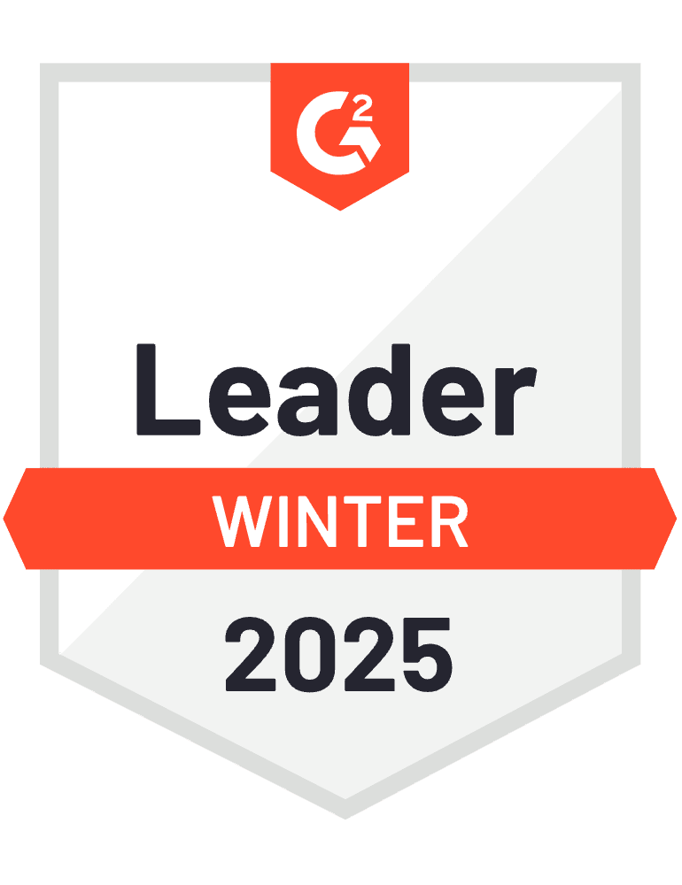 A badge featuring "G2 Leader Winter 2025" in black text on a gray background, accentuated by an orange banner, proudly showcases its awards.