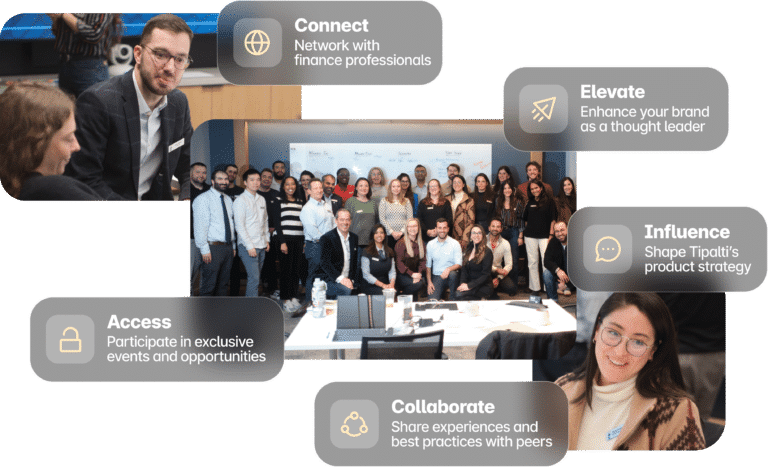 Three people are conversing while holding coffee cups. Surrounding them are text boxes with labels: "Connect," "Access," "Collaborate," "Elevate," and "Influence," outlining various professional benefits.
