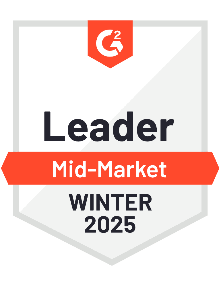 The G2 badge, featuring an orange accent and logo, proudly displays "Leader Mid-Market Winter 2025," highlighting our synergy in achieving this honor.