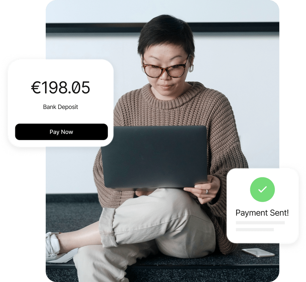 Person sitting with a laptop viewing payment notification of €198.05, with "Pay Now" button, and confirmation message "Payment Sent!" displayed on the screen.