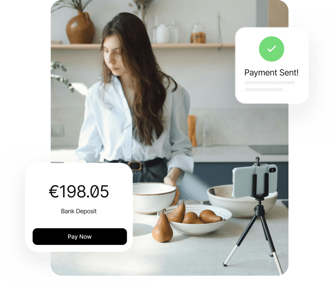 A person in a kitchen stands next to a bowl of pears on a counter. An adjacent phone on a tripod captures the scene. Overlaid text boxes show a payment confirmation of €198.05 for a bank deposit.