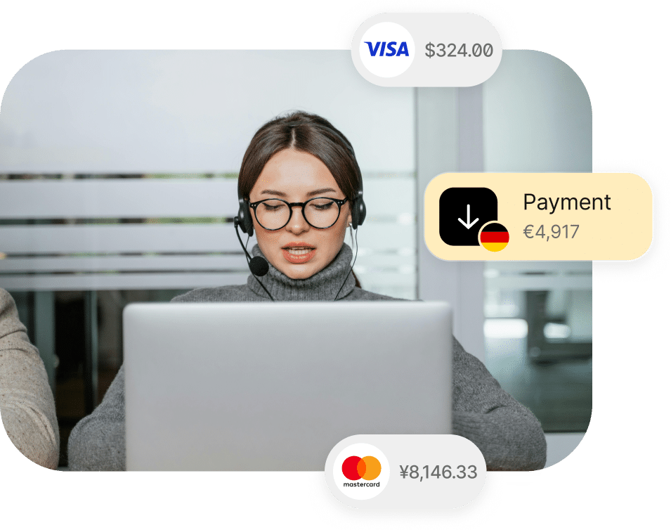 A woman wearing glasses and a headset works on a laptop. Payment notifications from Visa and Mastercard appear on the image.