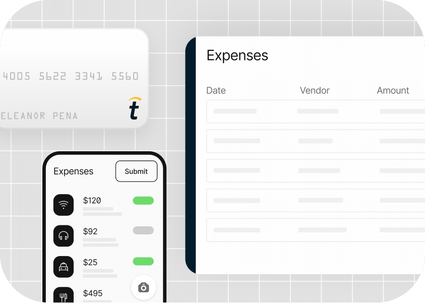 A grey grid background with images of a credit card, a smartphone displaying expense tracking, and a desktop screen showing an expenses spreadsheet.