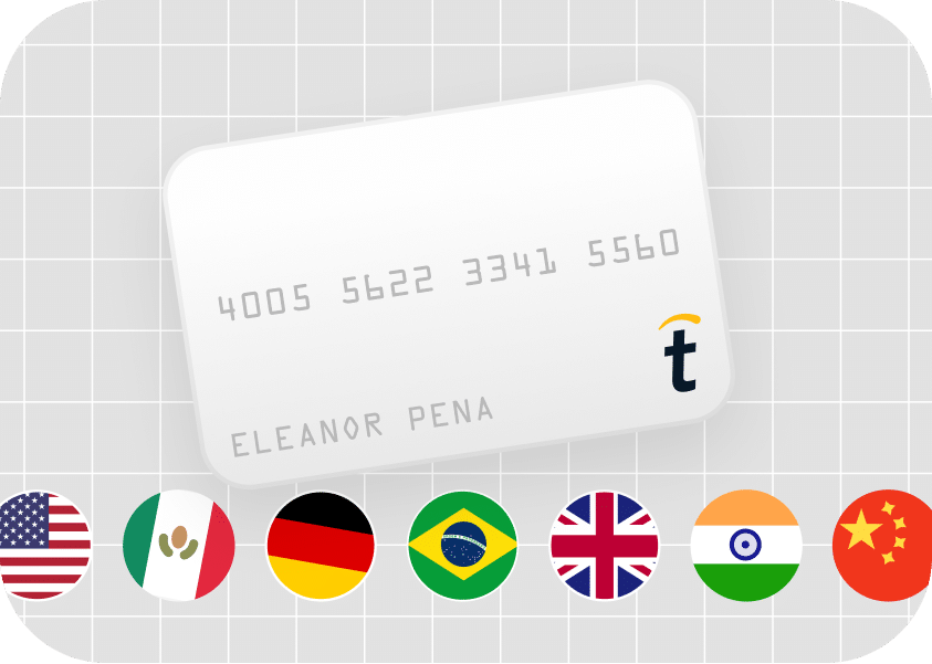 Image of a credit card with the name Eleanor Pena and card number 4005 5622 3341 5560. Below the card are flags of the USA, Mexico, Germany, Brazil, UK, India, and China.