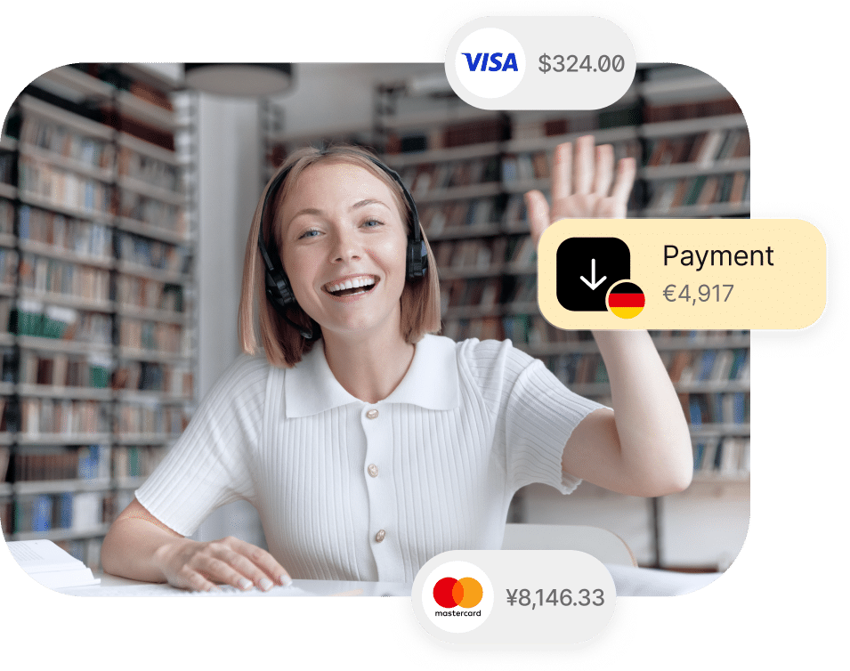 A woman wearing headphones sits at a desk and waves. Overlaying icons show various currency amounts: $324.00 (VISA), €4,917 (payment received), and ¥8,146.33 (Mastercard). Bookshelves are in the background.