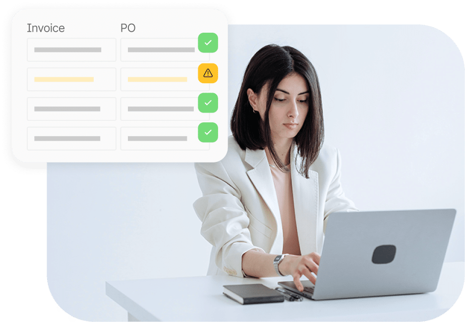 A woman in a white blazer works on a laptop at a desk with a phone. A graphic showing invoice and PO status with various indicators is displayed.