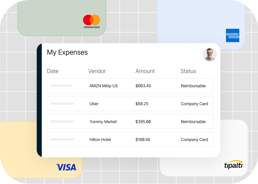 A digital expense report showing transactions with vendors Amazon, Uber, Yummy Market, and Hilton Hotel. Payment methods include Mastercard, Visa, and American Express. Statuses include Reimbursable and Company Card.
