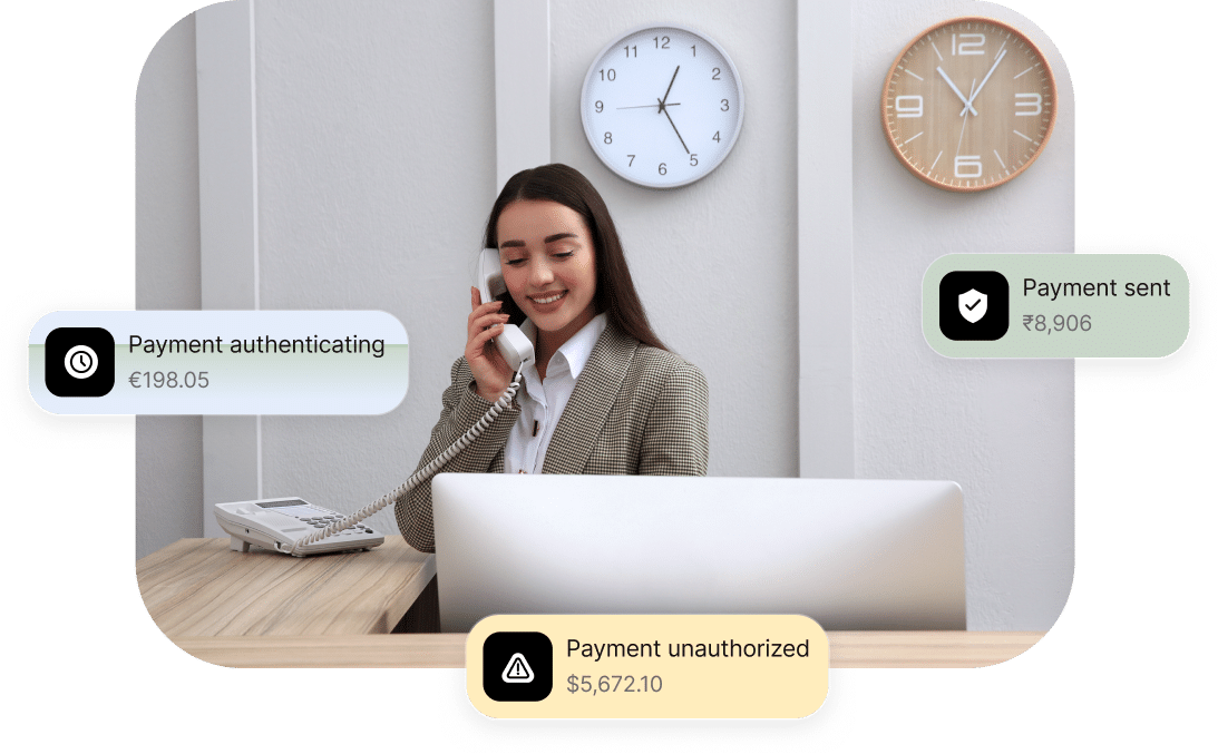 A woman in an office setting talks on a landline phone, with notifications about payment statuses displayed around her.