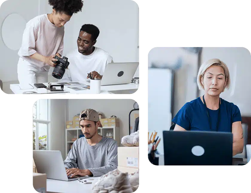 Three images tell customer stories: two people discussing a camera, a man working on a laptop with shoes by his side, and a woman concentrating on her laptop screen.